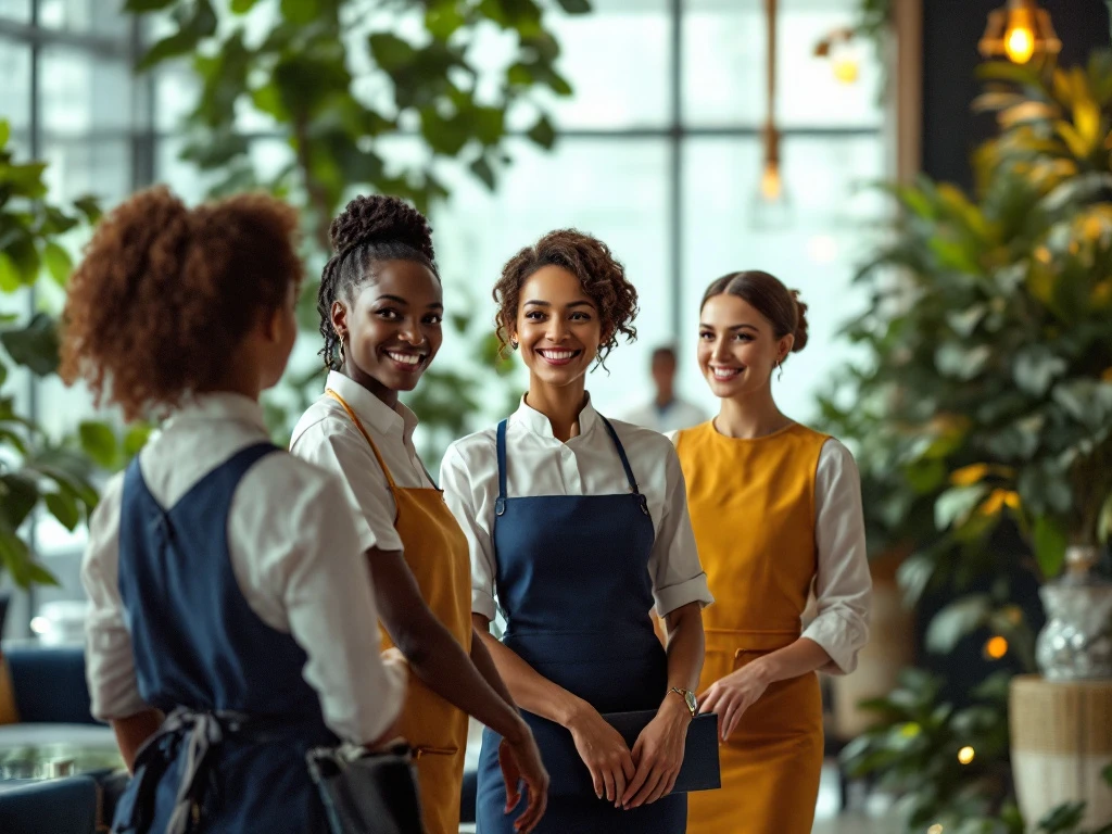 Een diverse groep elegant geklede hotelmedewerkers verwelkomt gasten in een stijlvolle lobby met moderne inrichting en groene accenten.