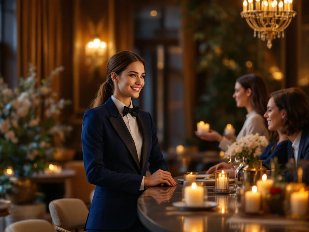 Een gastheer in elegante kleding verwelkomt gasten in een luxe omgeving met warme verlichting, decor en een uitnodigende sfeer.