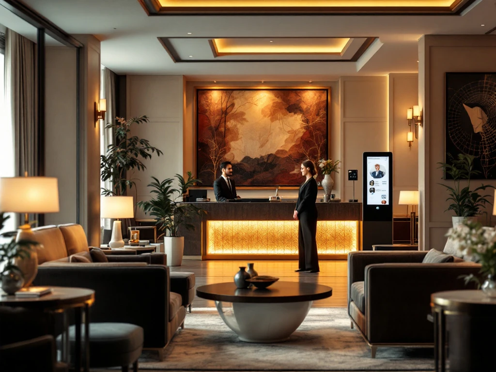 Luxe hotel lobby met moderne elementen, warme verlichting, zitplekken, vriendelijke concierge, technologie, bloemen en kunstwerken.