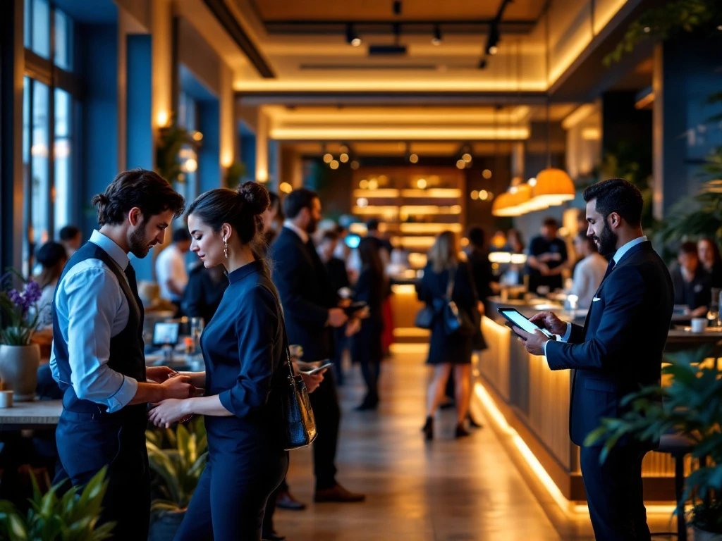 Een druk, modern hospitality evenement met stijlvolle professionals, warme verlichting en digitale kiosken in een luxe omgeving.
