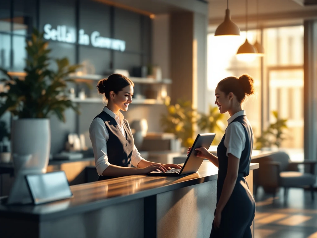 Moderne receptie met technologie en gastvrijheid. Medewerker in uniform begroet gast bij strak bureau. Blauwe en witte tinten.