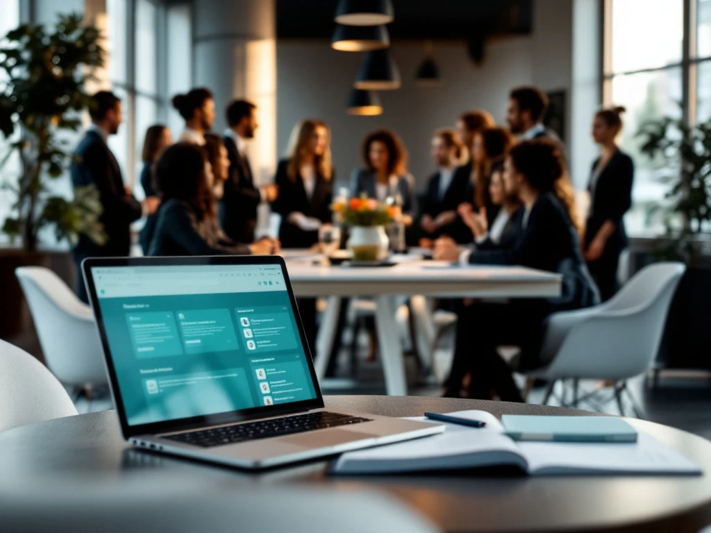Een diverse groep professionals vergadert in een modern kantoor, met laptops en documenten, in een sfeer van samenwerking en professionaliteit.