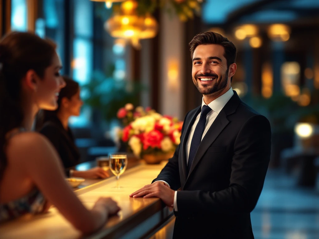 Een gastvrije hotel lobby met een glimlachende conciërge, elegante inrichting, warme verlichting en een stijlvol receptiedesk.